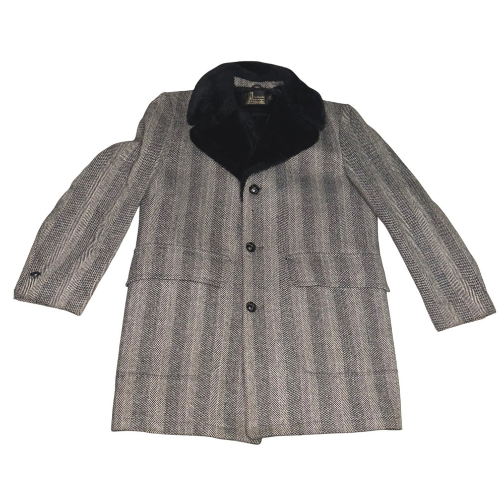 Sears Vintage 60s/70s Herringbone Car Coat Mens 40 Black Fur Collar Tweed Jacket